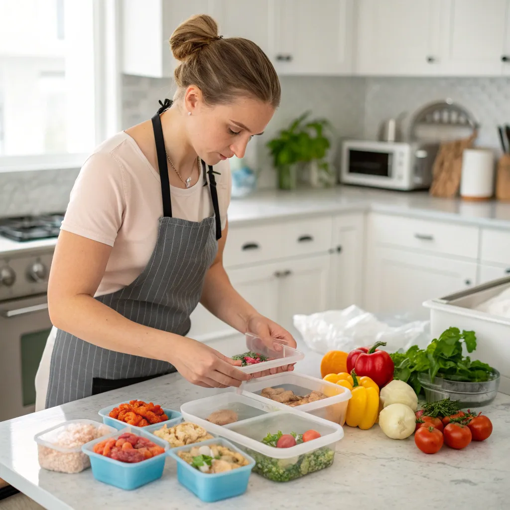 Ava Thompson preparing frozen meals in her kitchen
