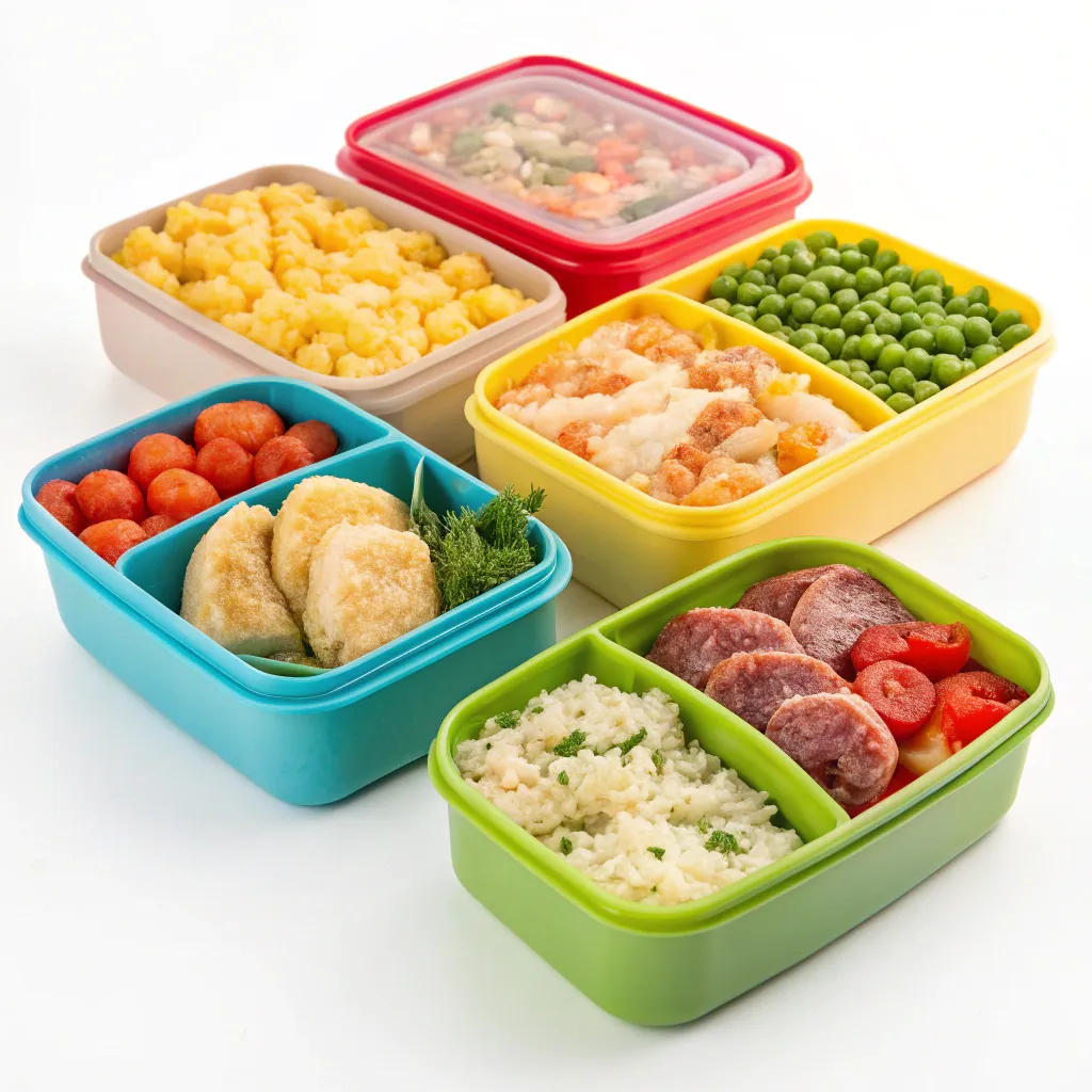 Colorful array of frozen meal containers